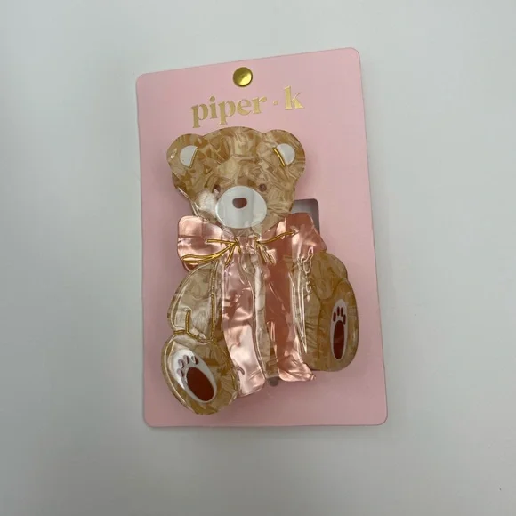 NWT ⚜️🧸⚜️ PIPER K Adorable Teddy Bear Hair Clip in Pink and Brown - Picture 4 of 9